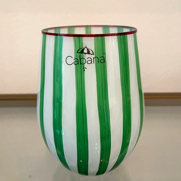 Cabana Green Striped Stemless Wine Glasses 17oz Set of 2 Holiday BarwareNEW - Picture 2 of 12